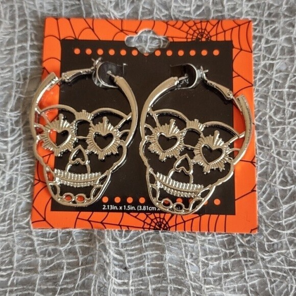 Halloween Women's Skull Hoop Earrings - Picture 2 of 4